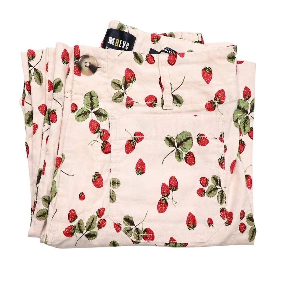 MAEVE ANTHROPOLOGIE Womens 26 Cream Strawberry Print Collete Wide Leg Crop Pants